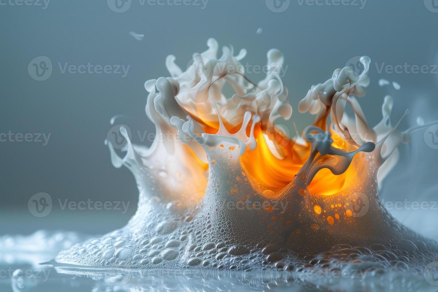 A vivid foam eruption captures a blend of fiery flames and water droplets, creating an eye-catching contrast of white and orange in a breathtaking visual event photo