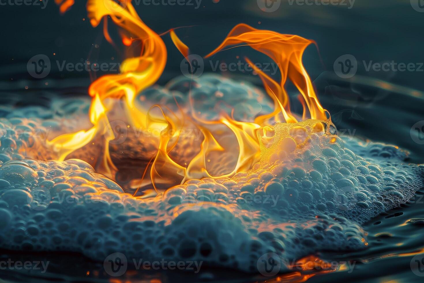 A mesmerizing interplay of fire and water unfolds as vibrant flames rise from swirling bubbles, creating a captivating contrast at dusk photo