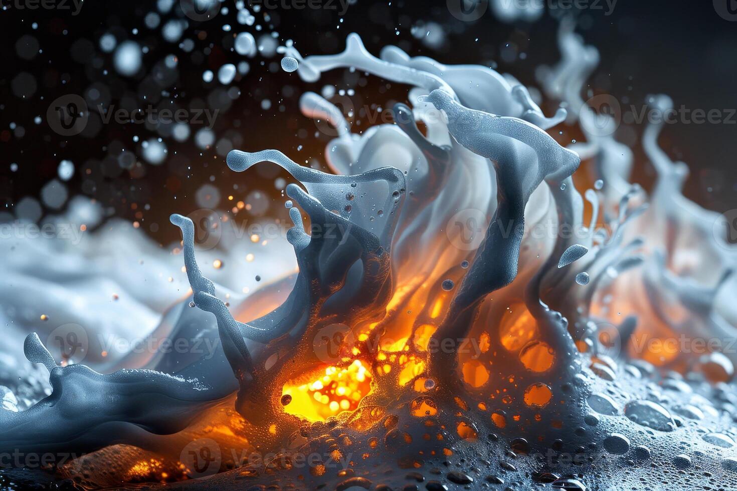Waves crash dramatically against each other, illuminated by a vivid orange glow. The swirling water creates a mesmerizing contrast against the dark background, showcasing nature's power photo