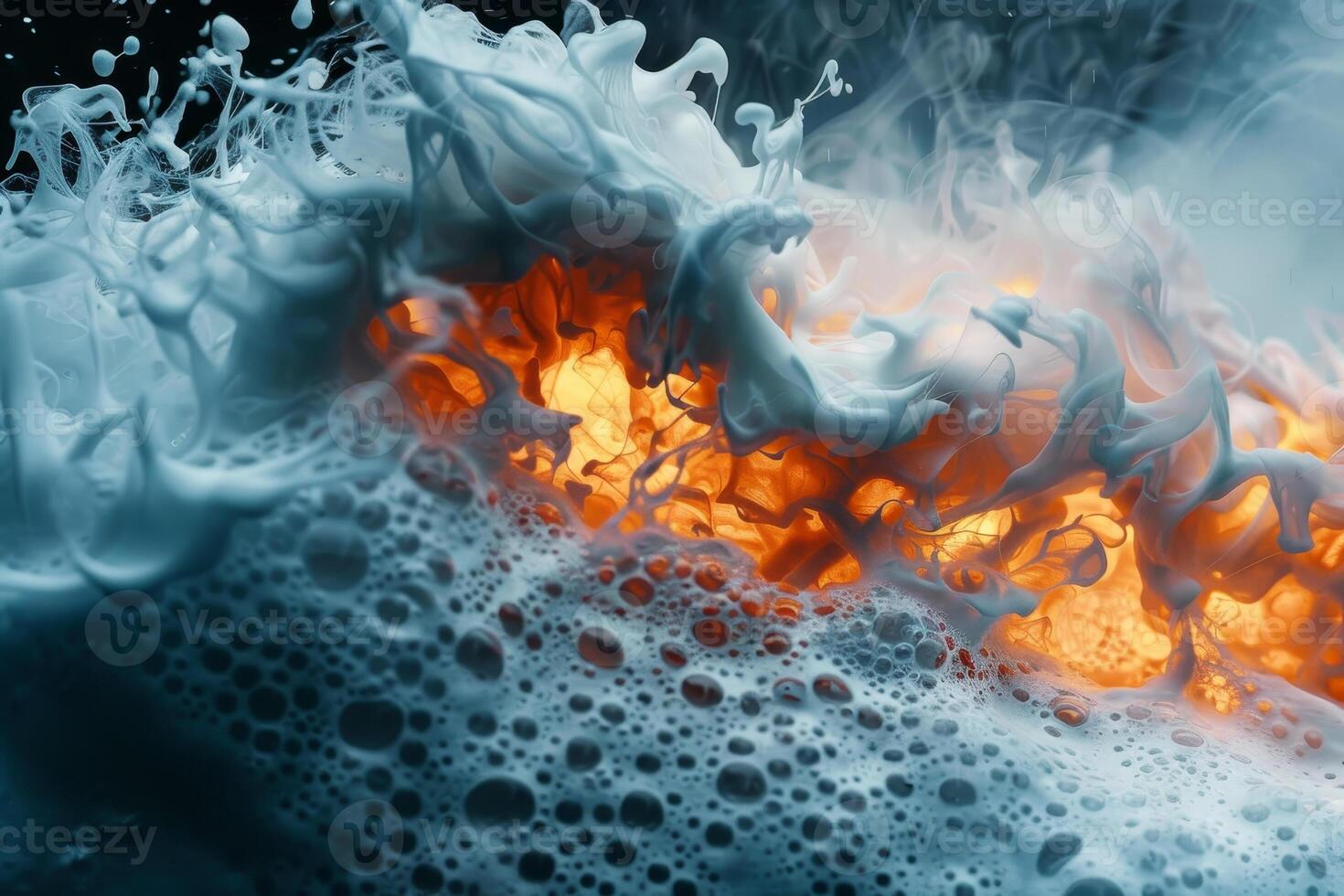 A captivating moment captures the collision of water and fire, showcasing swirling waves of foam against a backdrop of glowing embers. The vibrant colors create a mesmerizing effect photo
