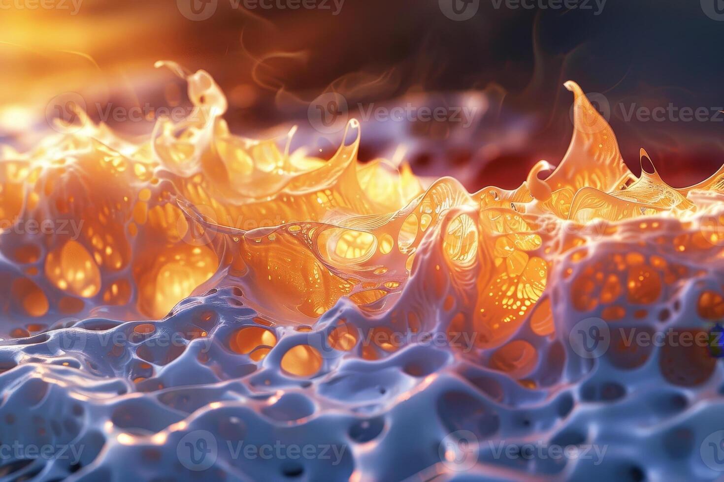 Delicate, translucent structures undulate and glow in a spectrum of warm colors, resembling organic forms illuminated by a gentle light source during twilight photo