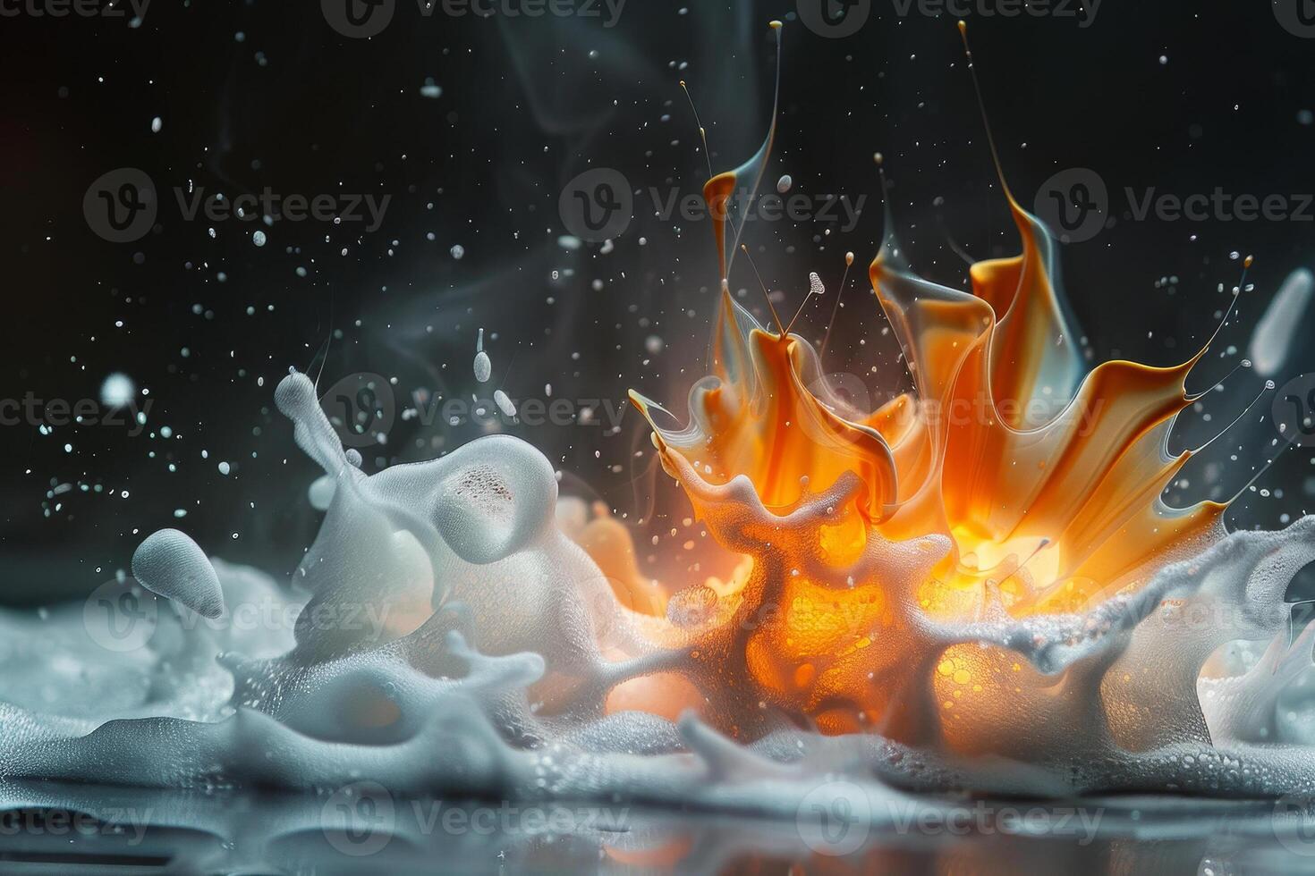 A vibrant explosion of orange hues mingles with white, frothy bubbles, creating a dynamic display in a dimly lit setting, capturing the motion of the moment photo