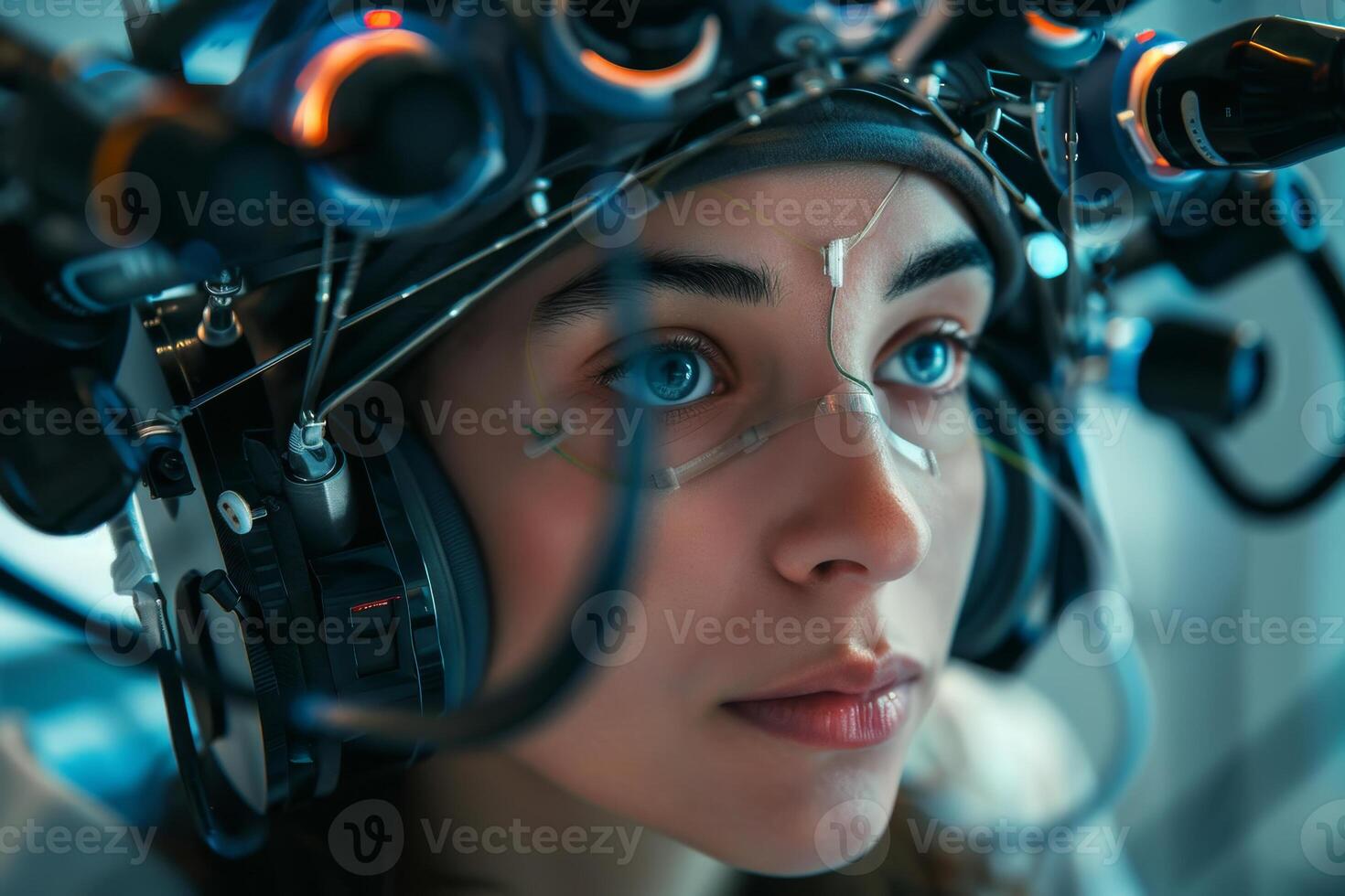 In a modern laboratory, a young woman engages in a brain-computer interaction experiment, surrounded by intricate technology, focused on her task photo