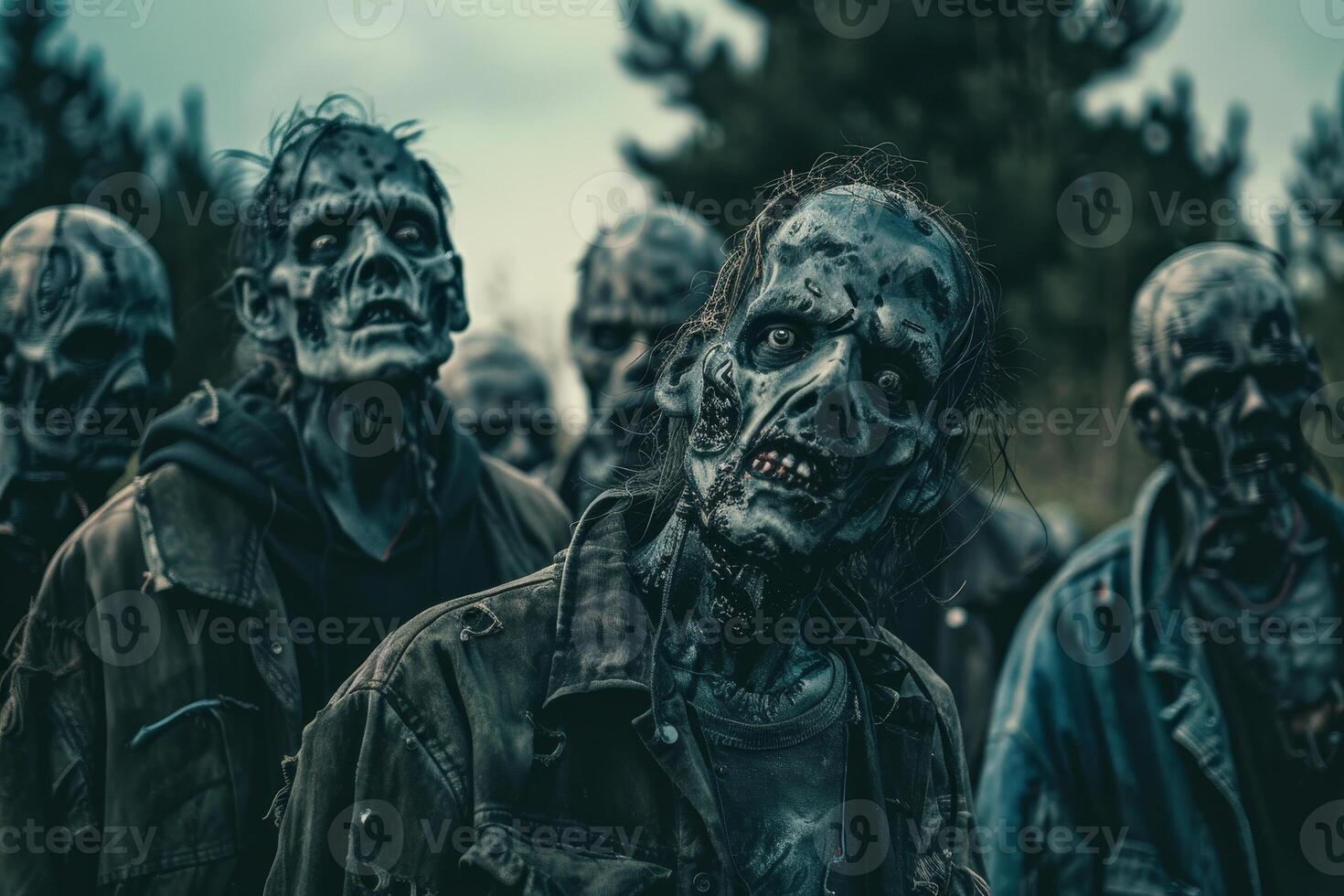 A group of eerie, lifelike zombies stands amidst a grim backdrop of trees under a moody sky. Their haunting expressions and tattered clothing evoke a sense of dread and despair photo