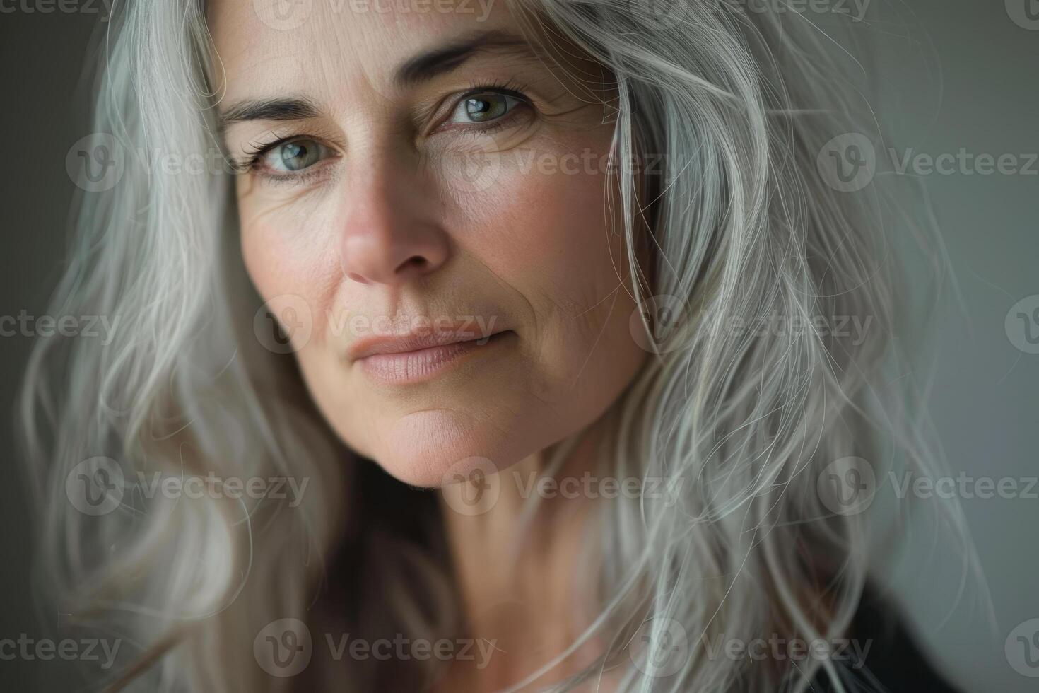 The mature woman gazes softly with her long gray hair framing her face, highlighting her expressive features in gentle natural light, conveying a sense of calm and introspection photo