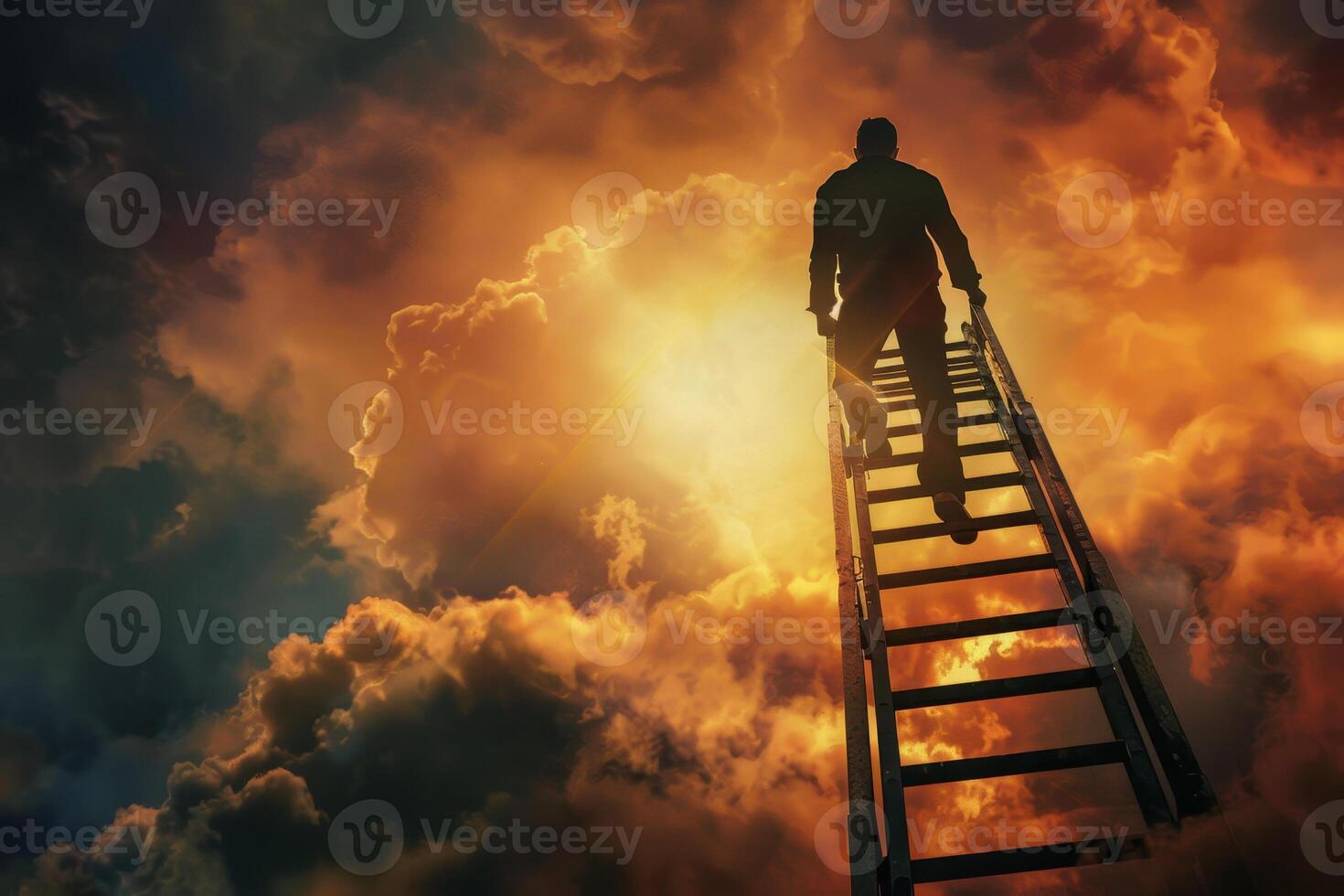 A figure climbs a ladder leading into a striking sky illuminated by warm hues at sunset, representing a journey towards dreams and aspirations against a cloud-filled backdrop photo