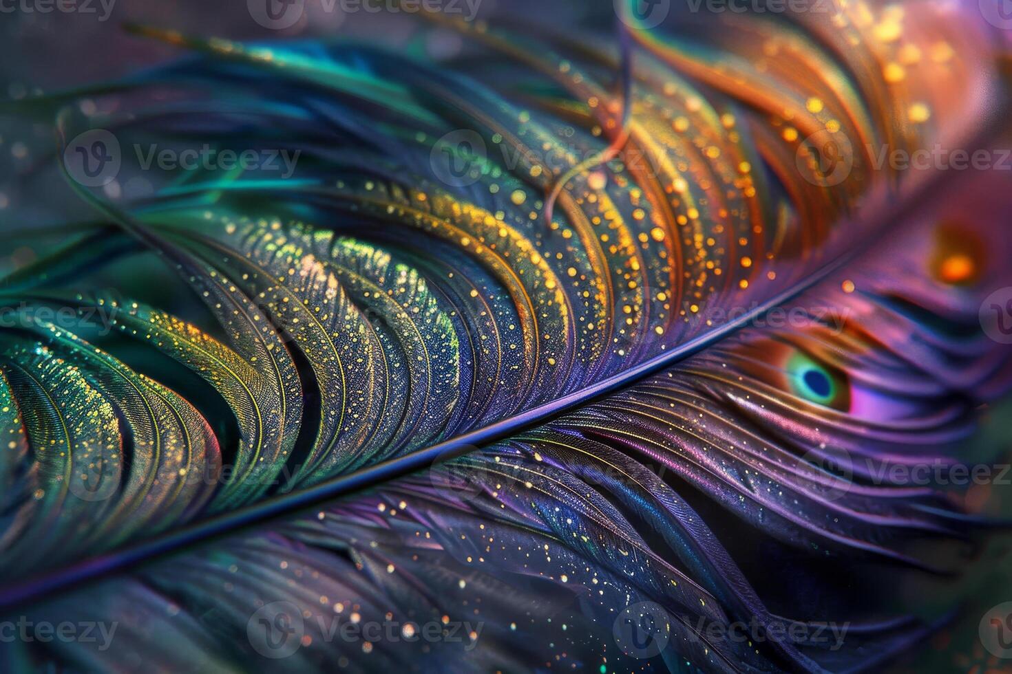 A vivid feather displays an array of colors and shimmering particles, highlighting its delicate structure and intricate patterns against a dark background photo