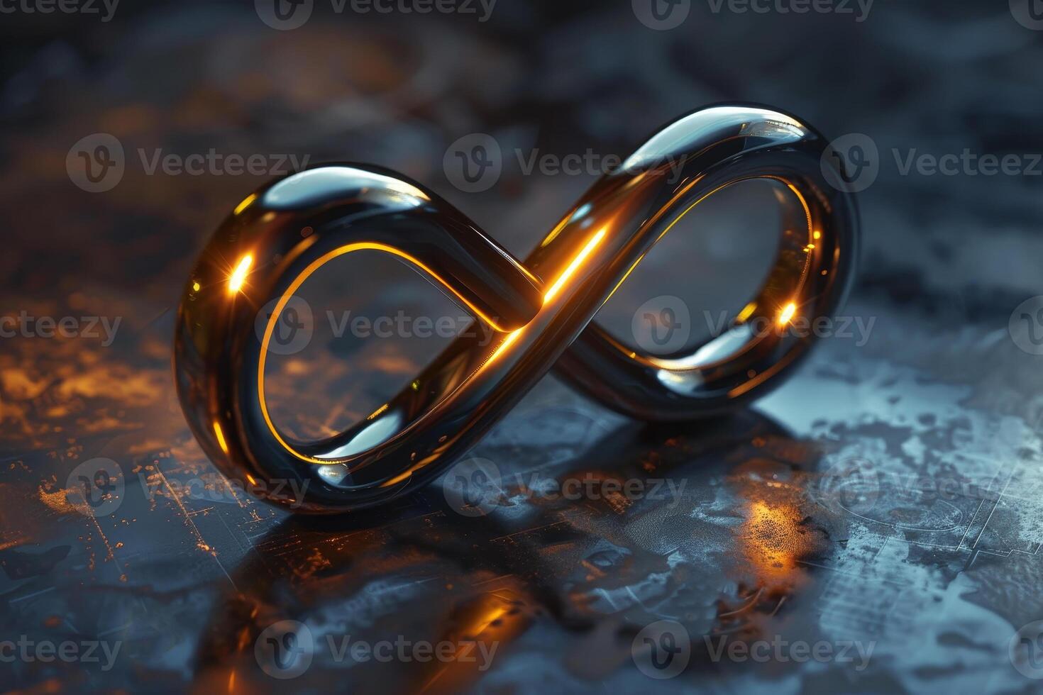 The shiny infinity symbol is showcased on a textured surface, casting reflections and creating an intriguing visual, symbolizing timelessness and continuity in design photo