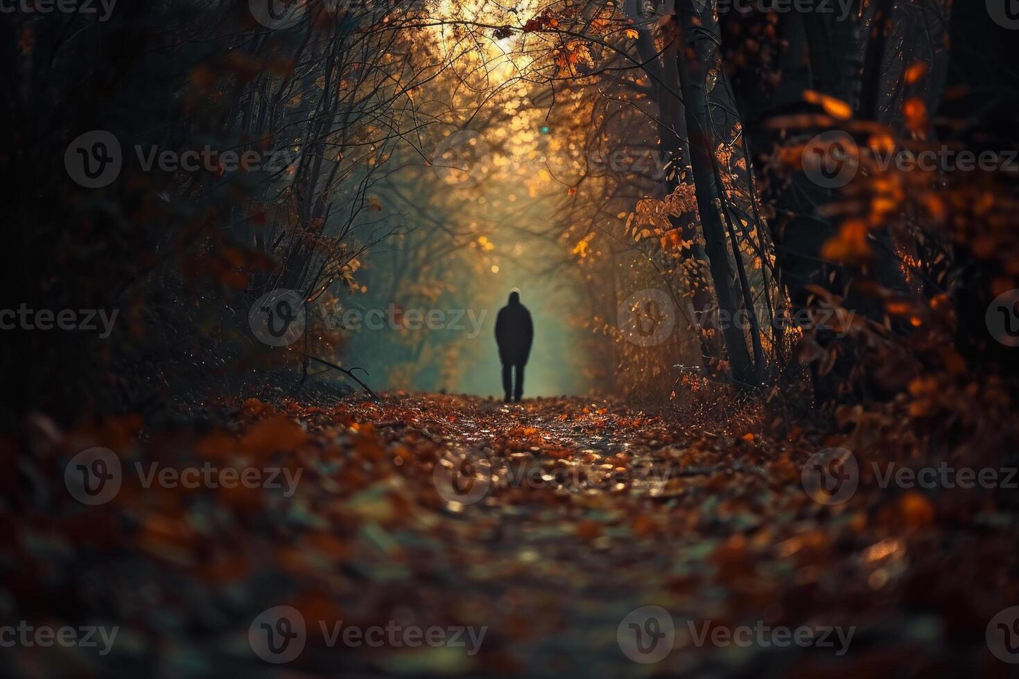 Amidst a vibrant autumn landscape, a lone person strolls along a leaf-covered trail, surrounded by tall trees and a warm golden glow as the sun begins to set photo