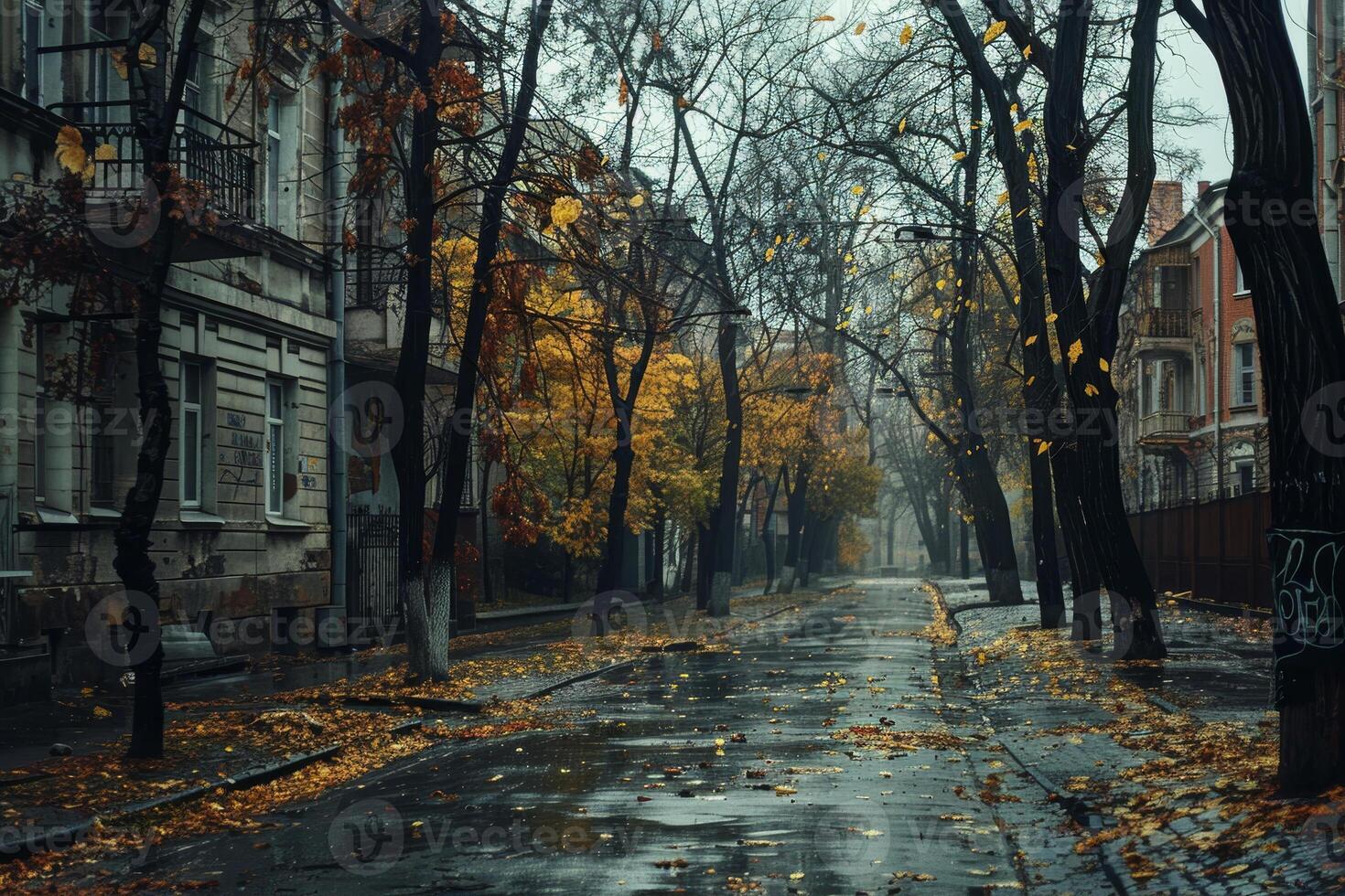 A serene street is lined with trees shedding their colorful leaves during a rainy autumn day, with puddles reflecting the muted surroundings and a tranquil atmosphere photo