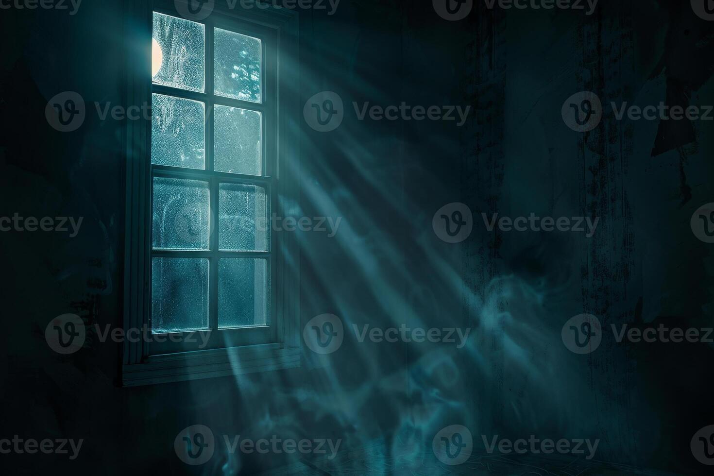 Rainy night creates a haunting atmosphere as soft rays of light pierce through an old window, illuminating dust particles in an abandoned room photo