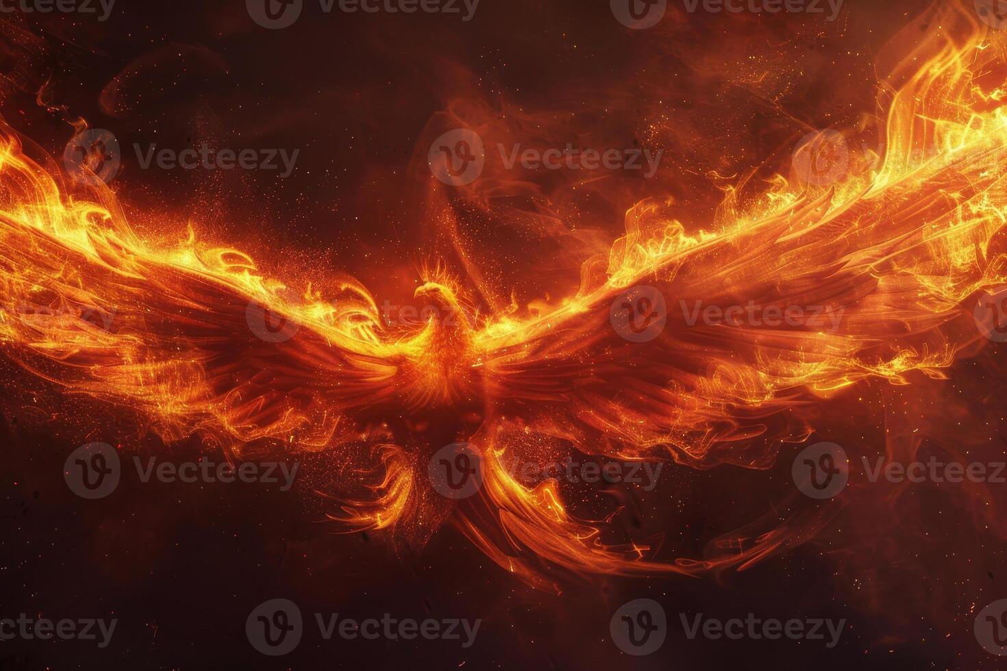The majestic phoenix ascends with fiery wings, emanating brilliance against a shadowy backdrop. Its flames dance, embodying rebirth and renewal photo