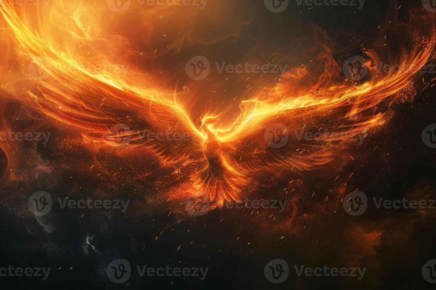 A mythical phoenix emerges from flames, its vibrant feathers glowing against a smoky sky, representing renewal and strength in a captivating display of fire and light photo