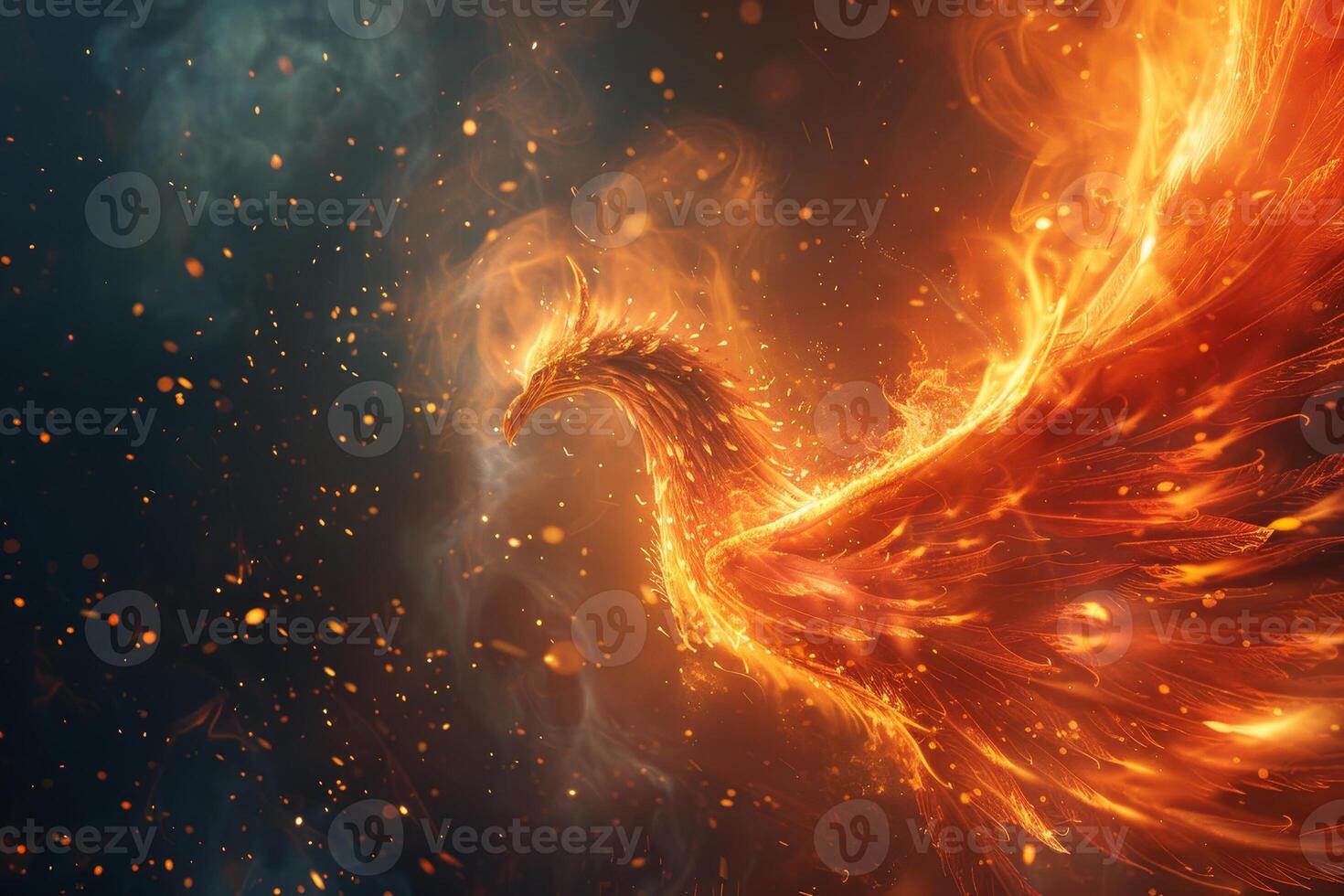 The phoenix emerges gracefully from the glowing embers, embodying renewal and strength in its fiery plumage, as vivid flames dance around it in the dusky light photo