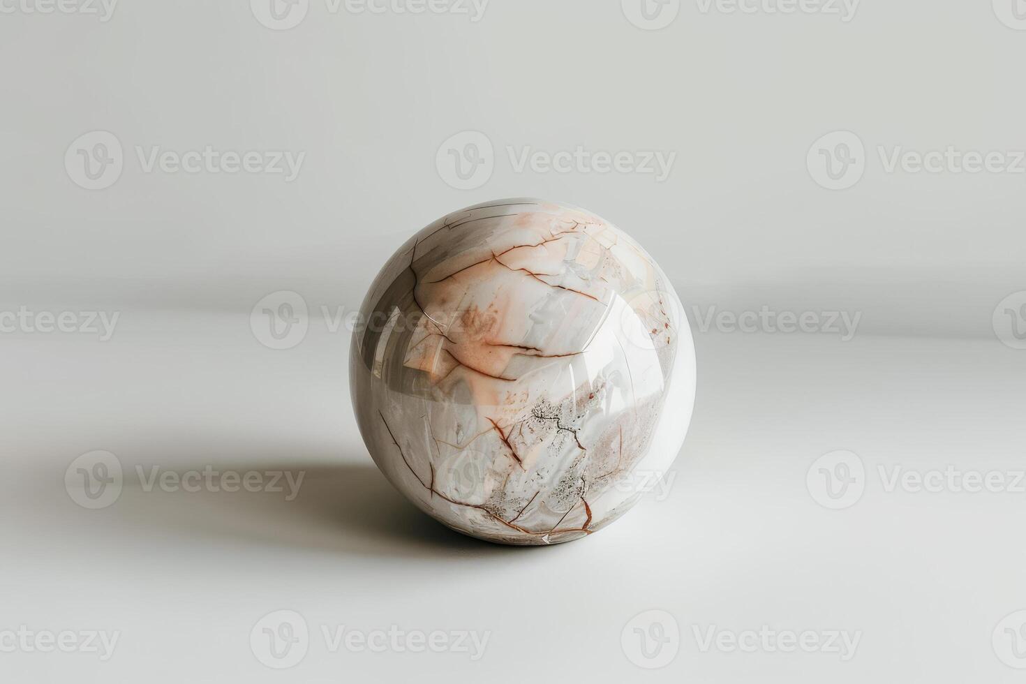 A beautifully crafted marble sphere rests on a clean, light surface. The delicate veining and colors of the marble create an elegant, artistic centerpiece photo