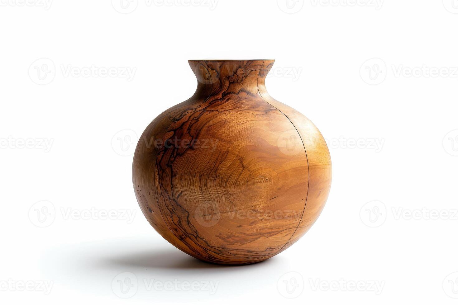A stunning, round wooden vase stands elegantly against a white background, highlighting its smooth surface and unique grain patterns, perfect for home decor photo