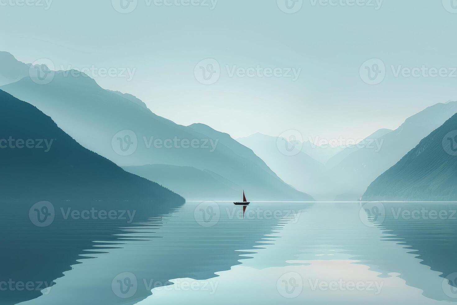 A boat is floating on a lake in the mountains photo
