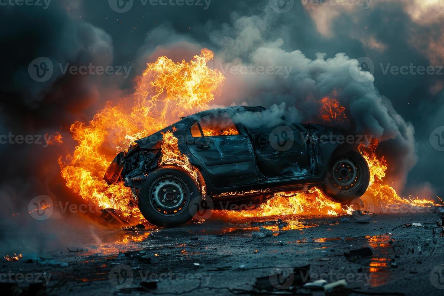 A car catches fire and is surrounded by flames, producing thick smoke. The intense fireball lights up the dark surroundings, highlighting the chaotic scene photo
