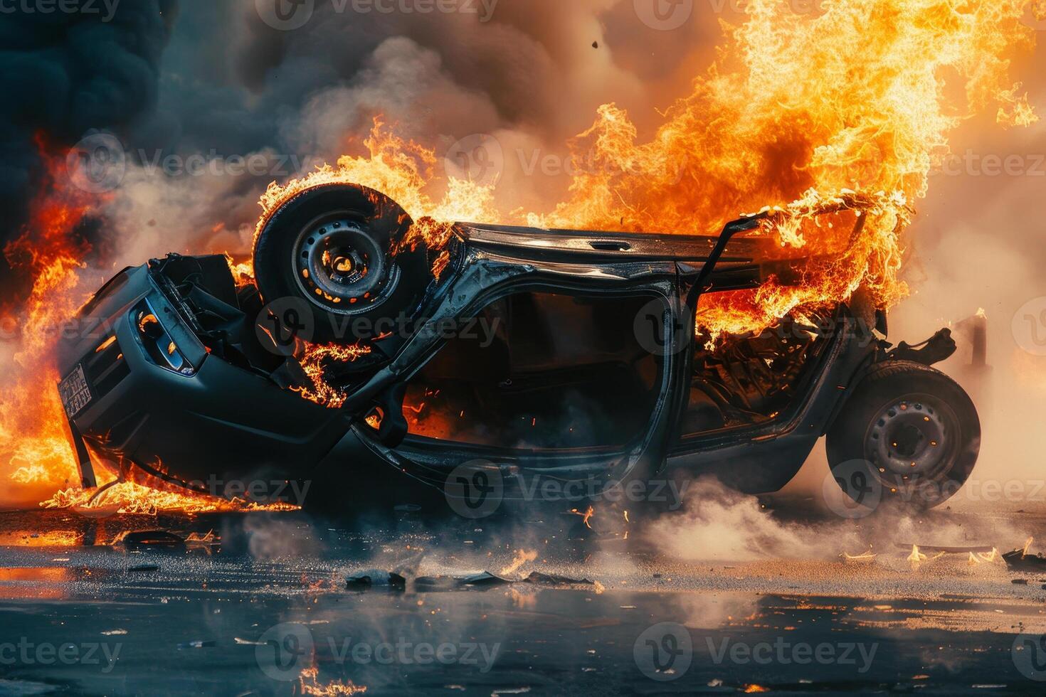 An overturned car engulfed in flames produces thick smoke, creating a dramatic and urgent atmosphere in a city setting during nighttime photo