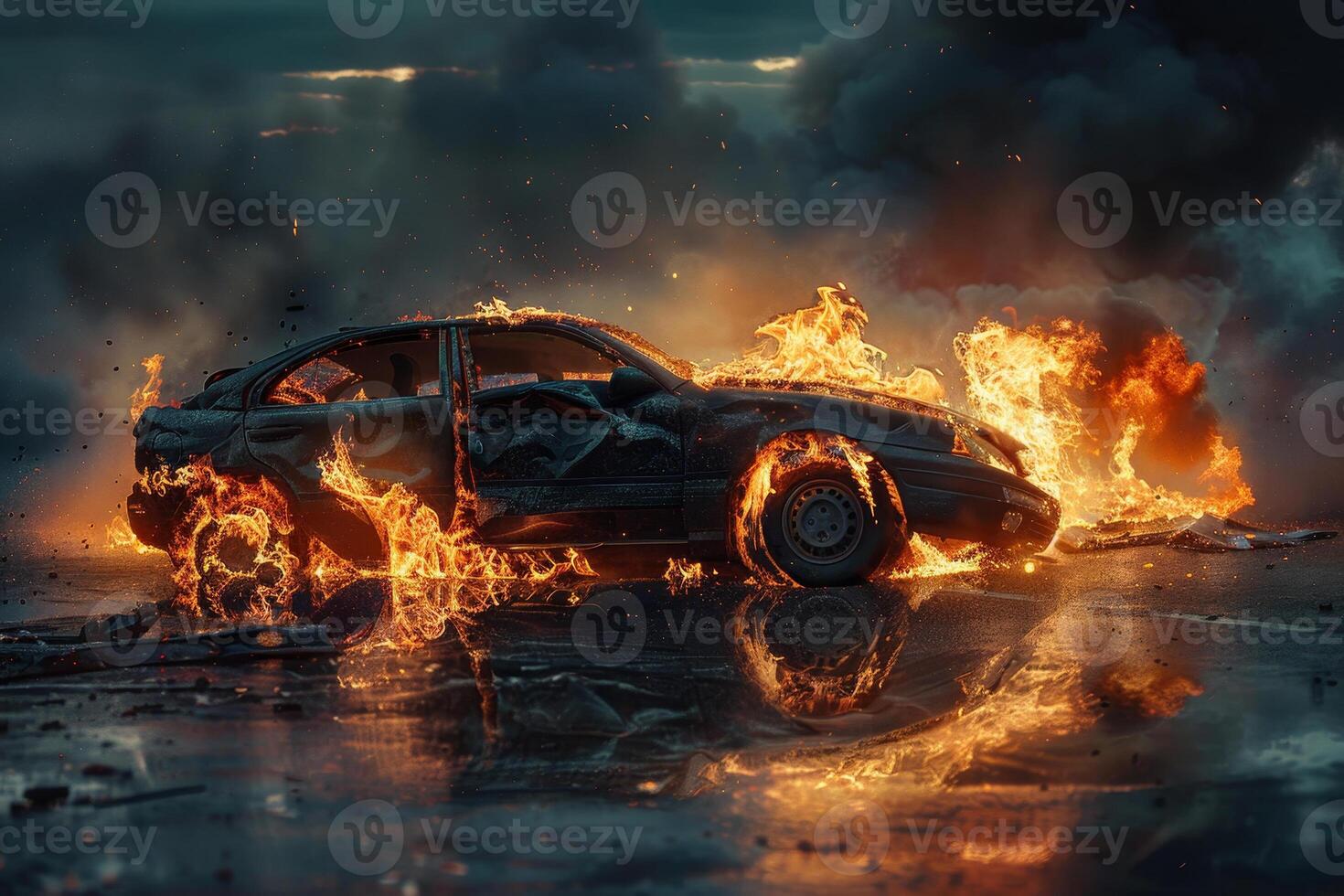 Flames consume an abandoned vehicle, creating a striking contrast against the ominous clouds as thick smoke billows into the twilight atmosphere photo