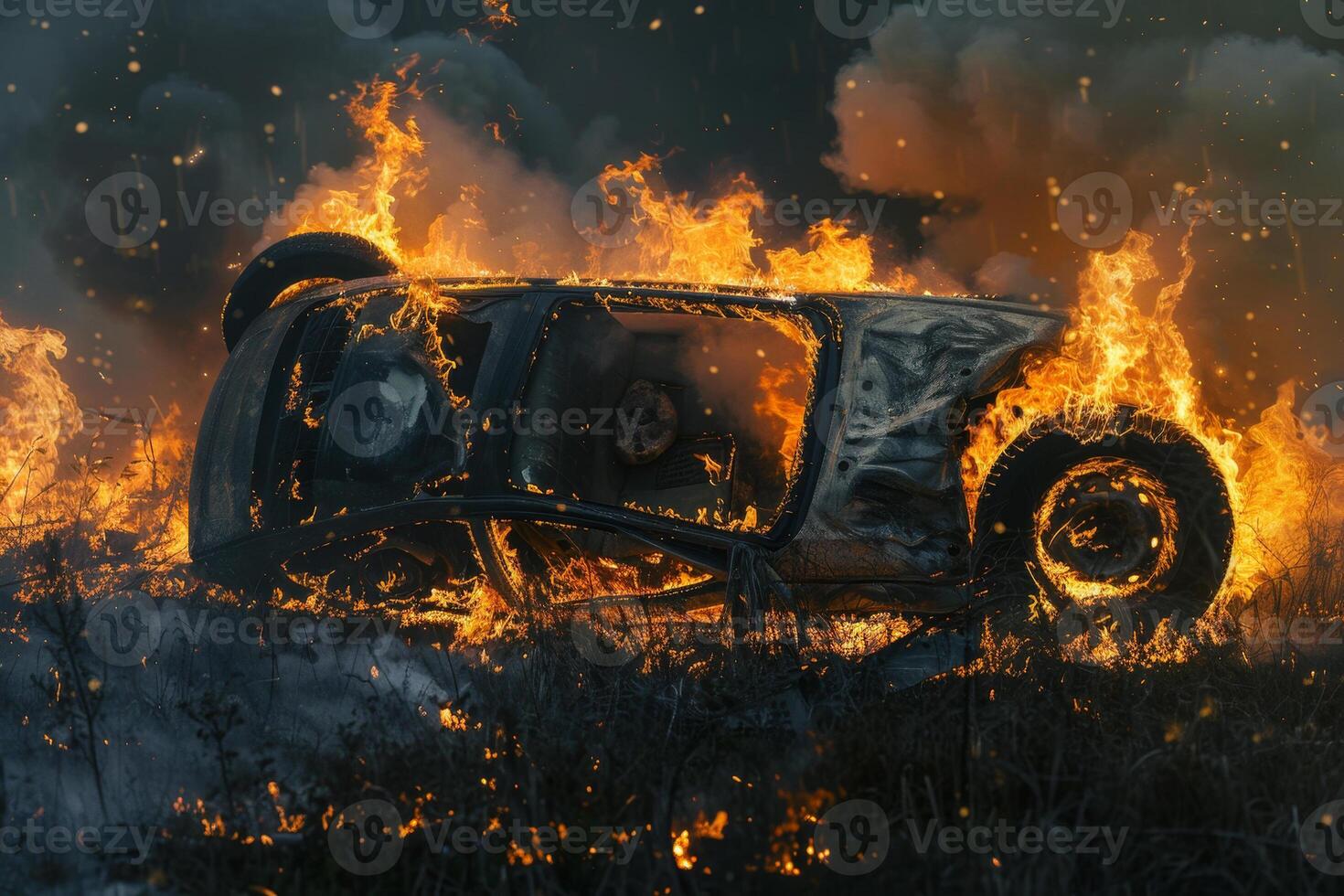 A car overturned in a grassy field is completely engulfed in flames at night, creating a dramatic and dangerous atmosphere with thick smoke rising photo