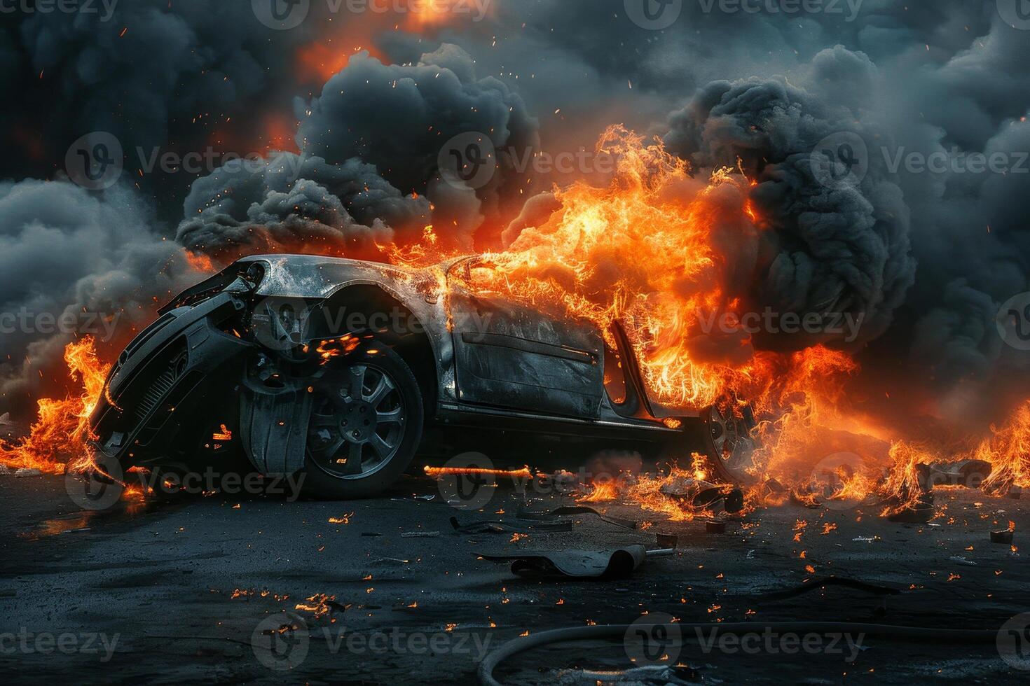 A car is engulfed in flames, creating a dramatic display of fire and smoke against a dark urban backdrop. The scene captures the intensity of the incident photo