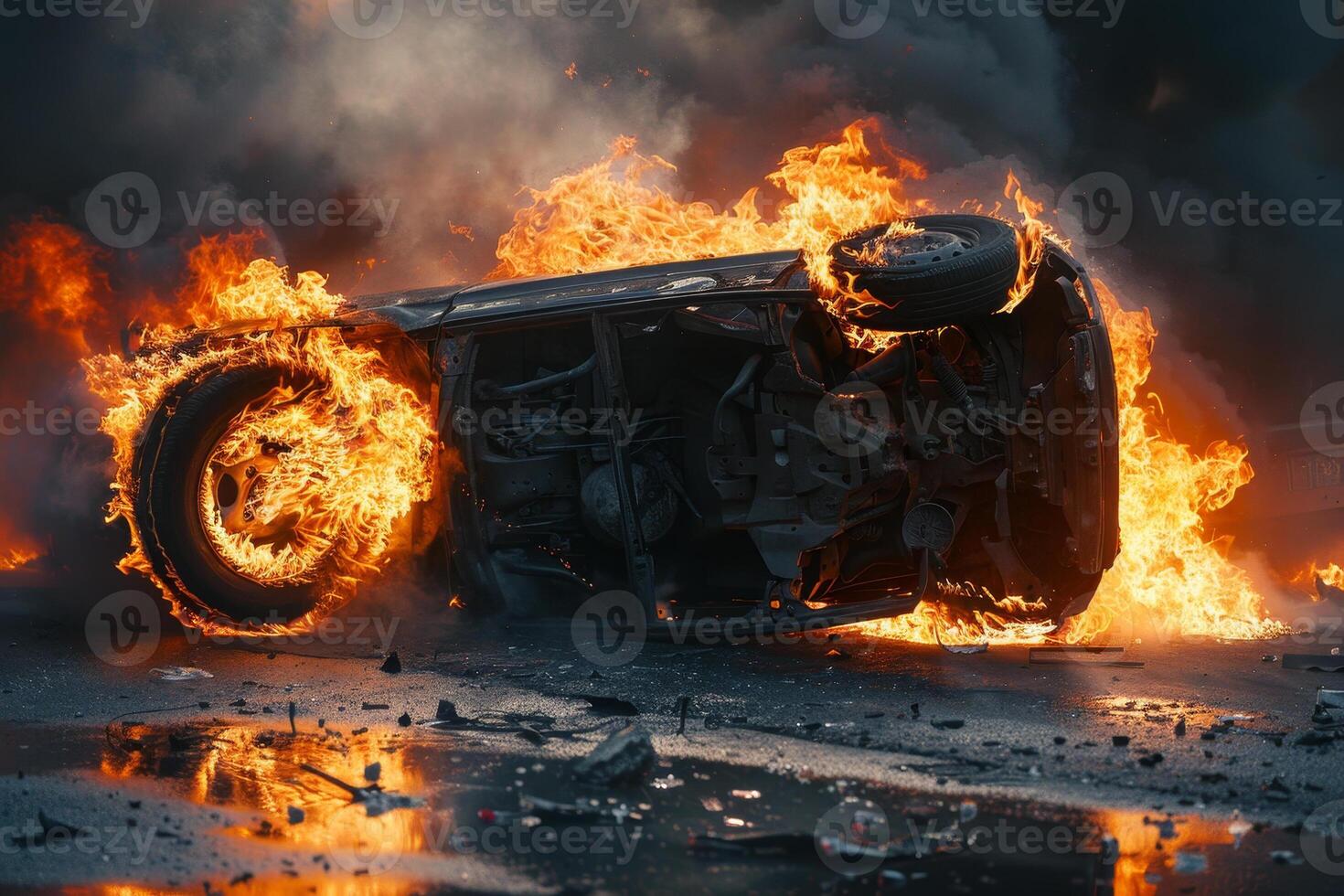 An overturned car is completely engulfed in flames, casting bright orange light on the surroundings as smoke billows into the darkening sky at dusk photo