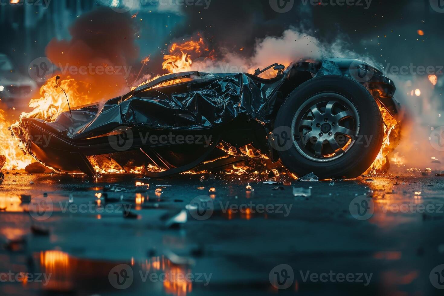 A black car is engulfed in flames, emitting thick smoke as it lies on a wet street. The dark environment adds to the intensity of the fiery incident photo