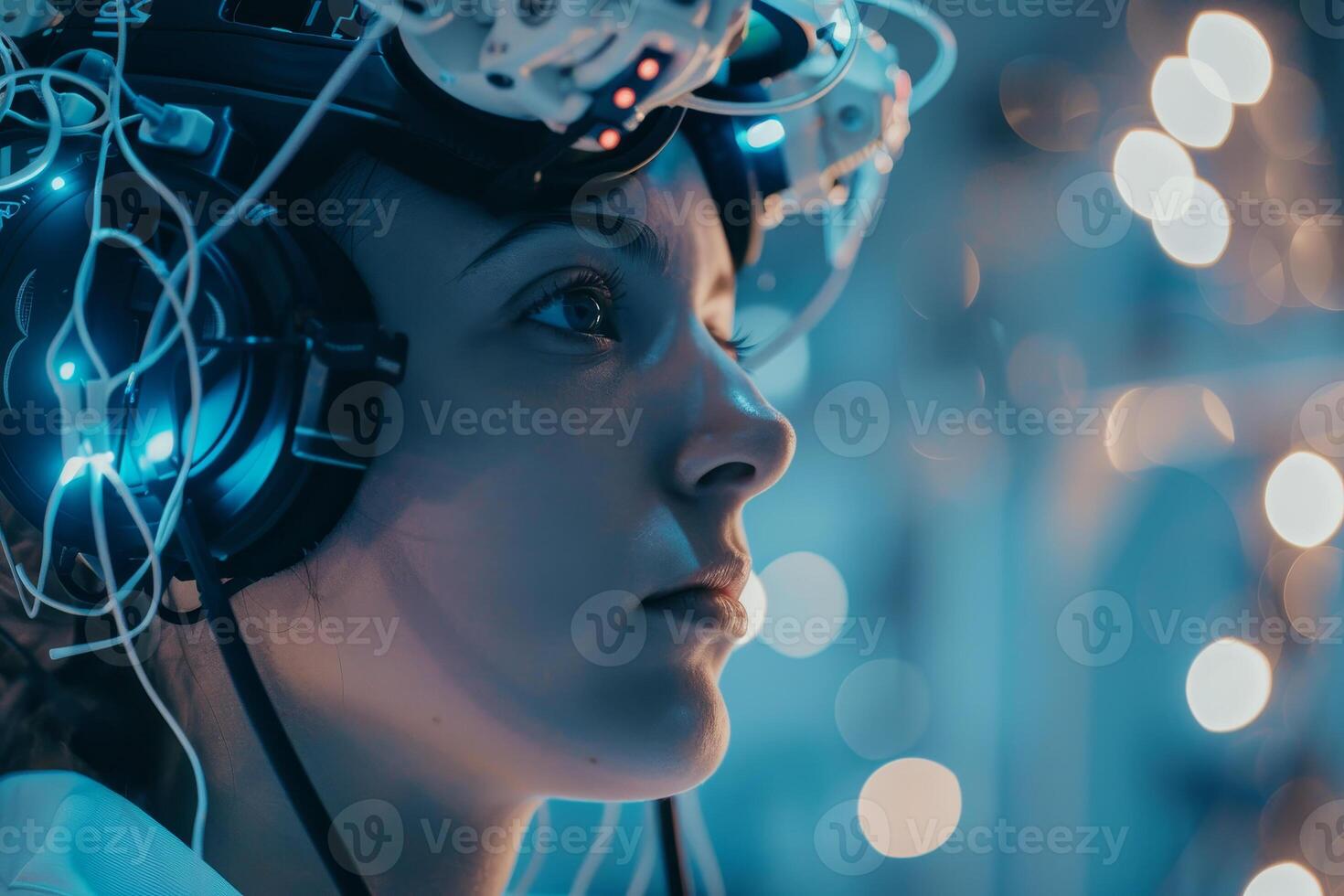 A young female researcher focuses intently while wearing advanced headgear in a dimly lit laboratory, surrounded by glowing equipment and lights photo