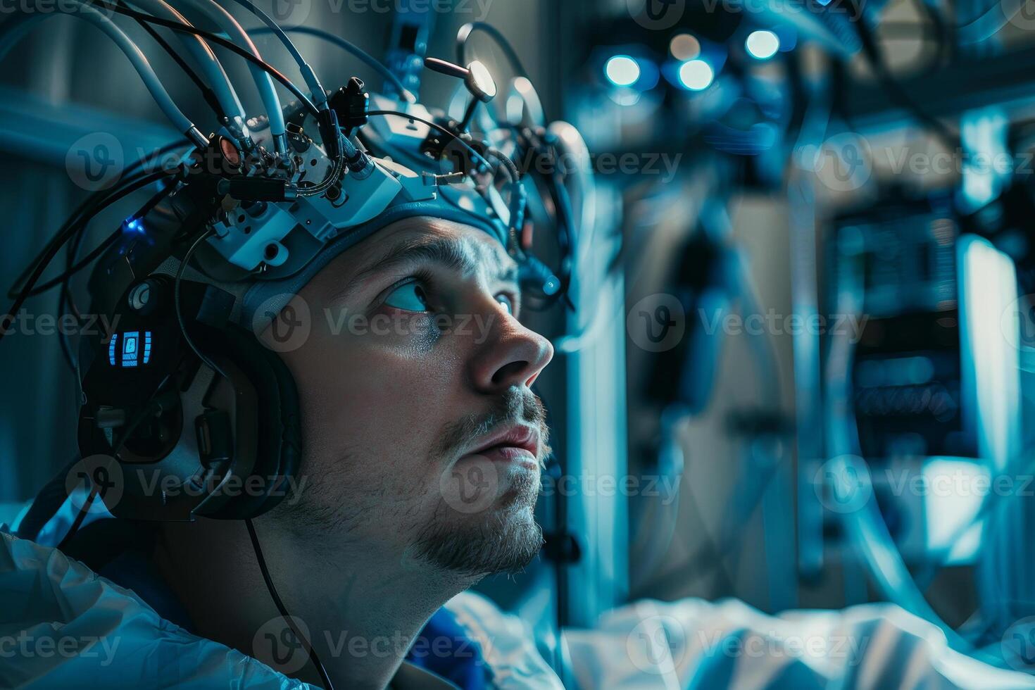 A person in a lab coat focuses intently on complex equipment, wearing a headset with various sensors, surrounded by intricate electronic devices and dim lighting photo