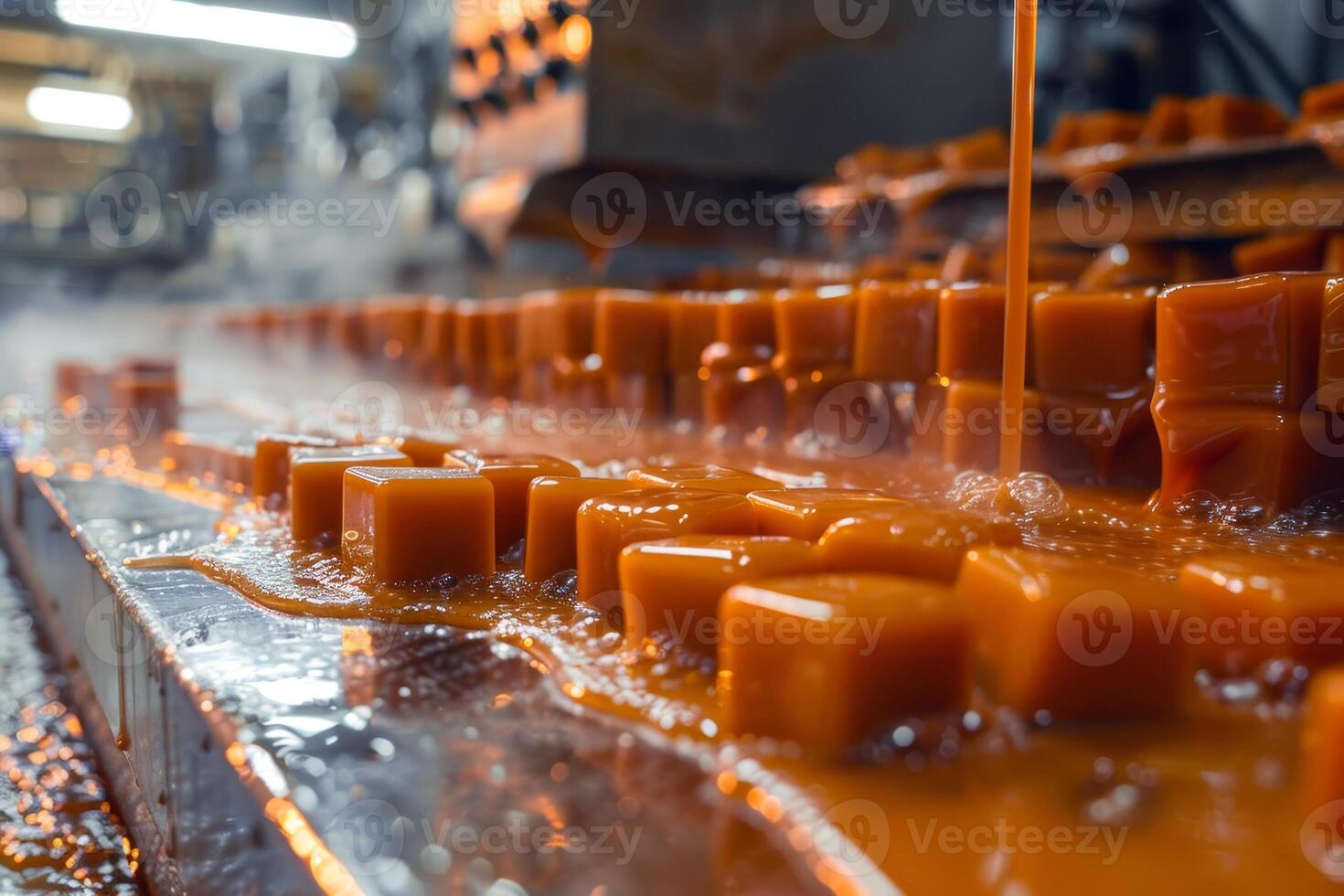 A conveyor belt is filled with orange candy photo