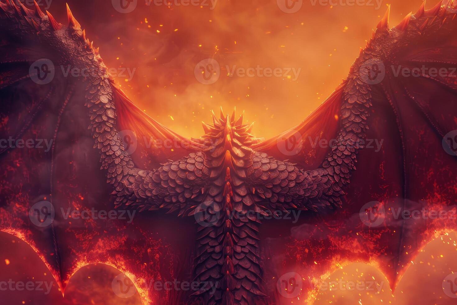 A powerful dragon, with intricately scaled wings, soars above a fiery horizon, surrounded by smoke and glowing embers, creating a mystical atmosphere photo