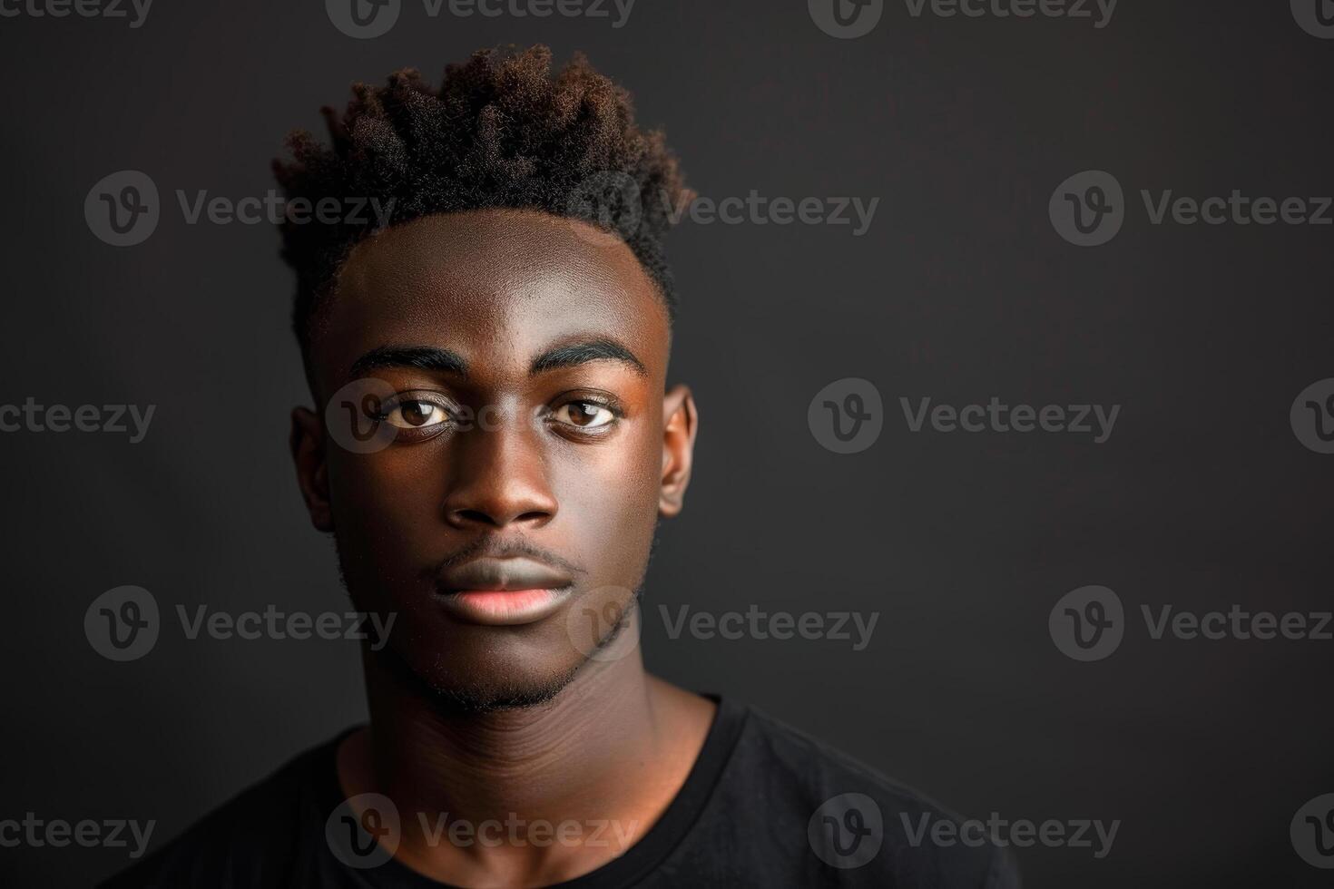 A young man stands confidently with a serious expression, highlighting his textured hairstyle against a dark, neutral background. The simplicity enhances his focused gaze photo