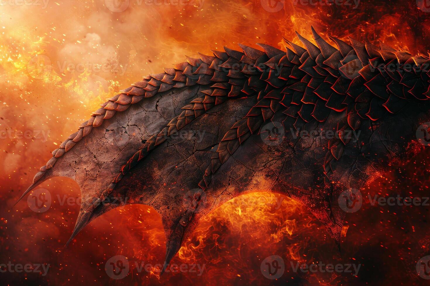 The scene captures the majestic wing of a dragon against a backdrop of intense fire and swirling smoke, evoking a sense of fantasy and power in a mythical landscape photo