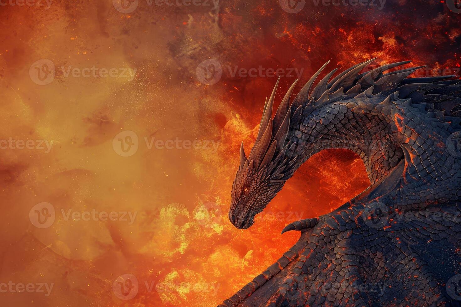 A massive dragon with intricate scales rises from a fiery background, surrounded by swirling smoke and embers, creating a scene of intense power and mythical allure photo