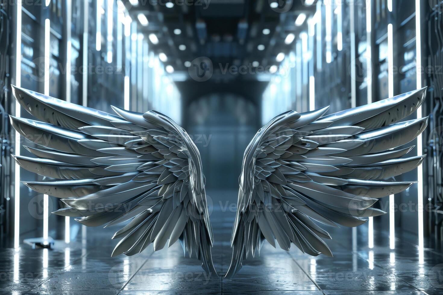 A pair of magnificent silver wings stands majestically in a corridor filled with bright ambient light photo