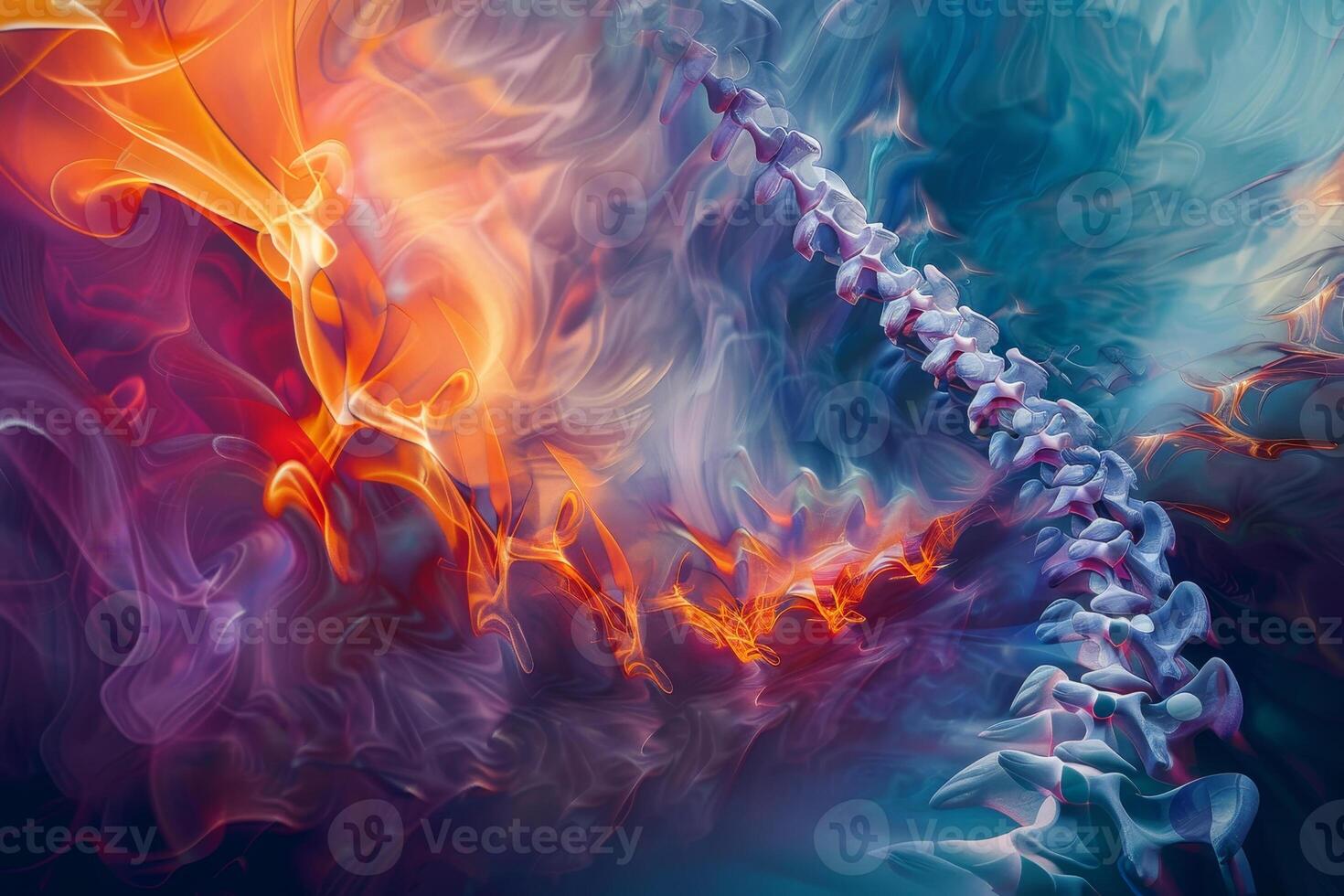 A stunning composition showcases a swirling array of vibrant colors, evoking the image of a spine entwined within fiery and mystical flames, creating a striking visual experience photo