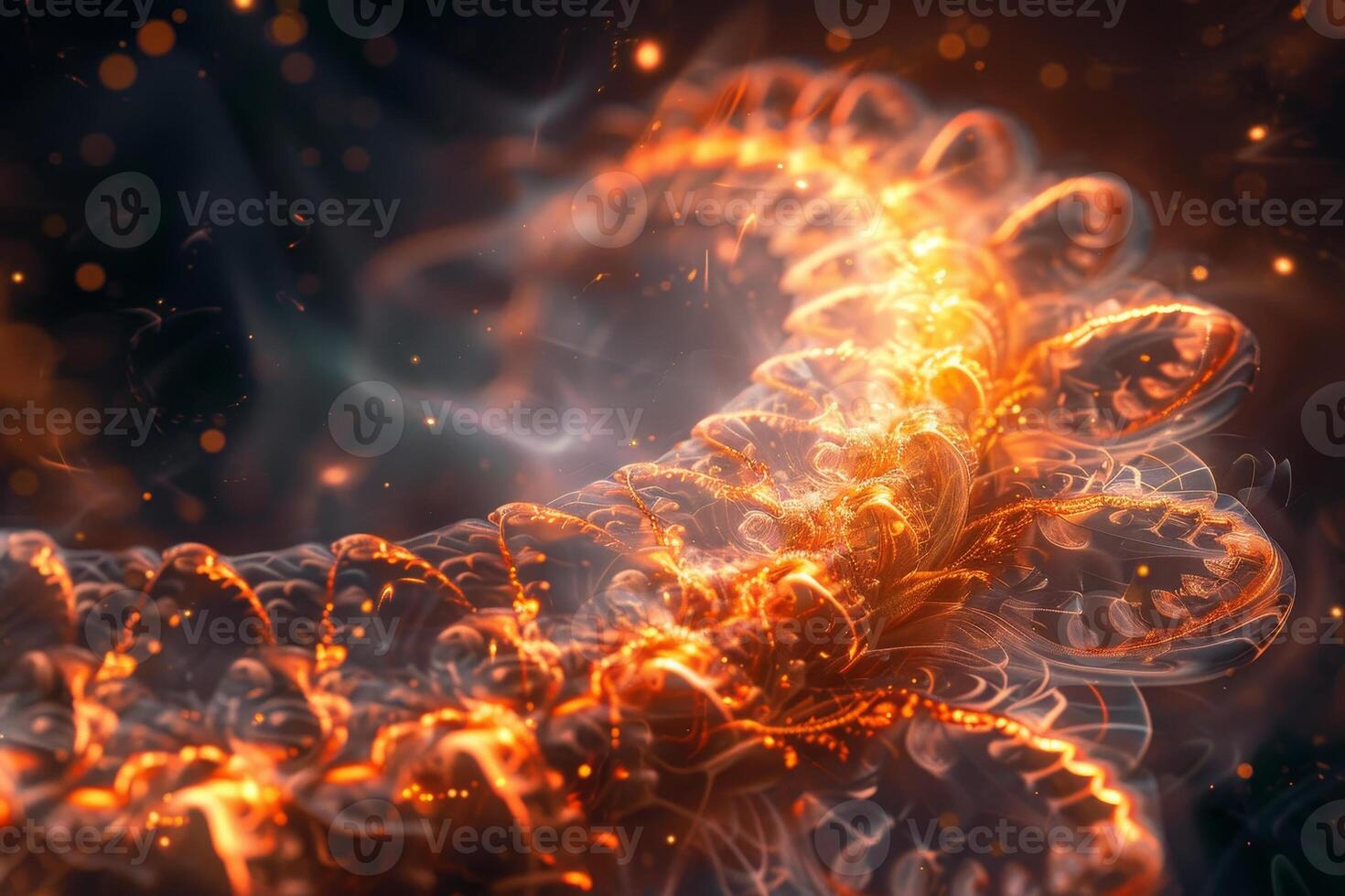 A vibrant display of swirling orange light forms intricate shapes, casting a warm glow in the darkness, captivating viewers with its fluid motion and energy photo