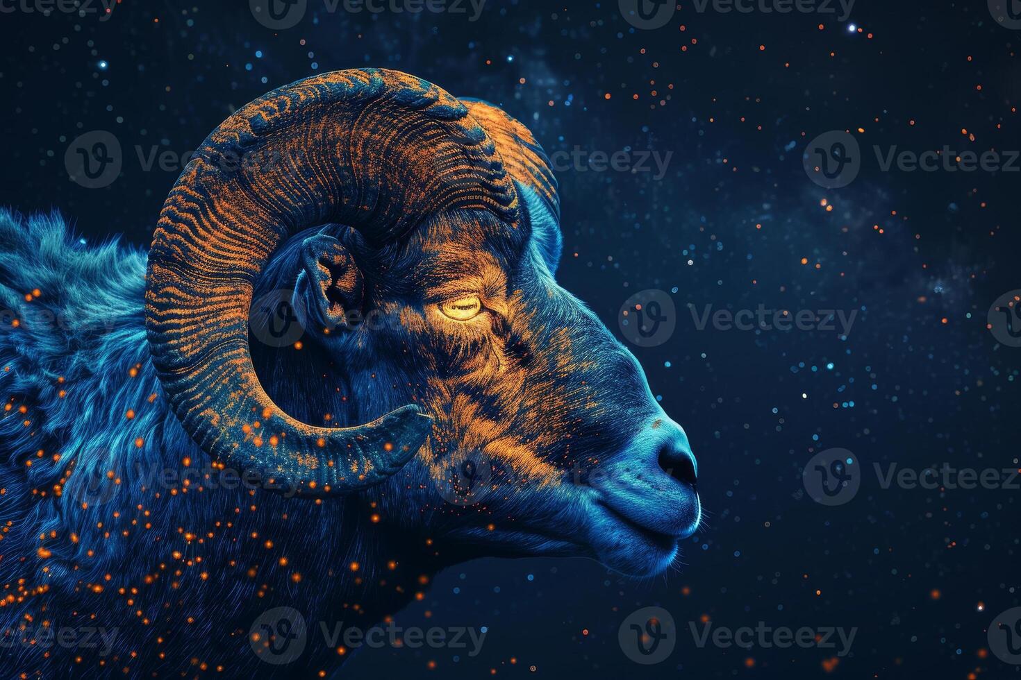 A cosmic ram stands against a backdrop of stars, its detailed fur glowing with vivid hues. The ram's intelligent gaze reflects the beauty of the universe photo