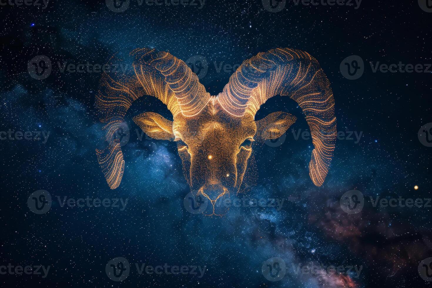 A glowing ram's head emerges from a vast cosmic landscape filled with stars and nebulae, showcasing a blend of celestial beauty and wildlife symbolism photo