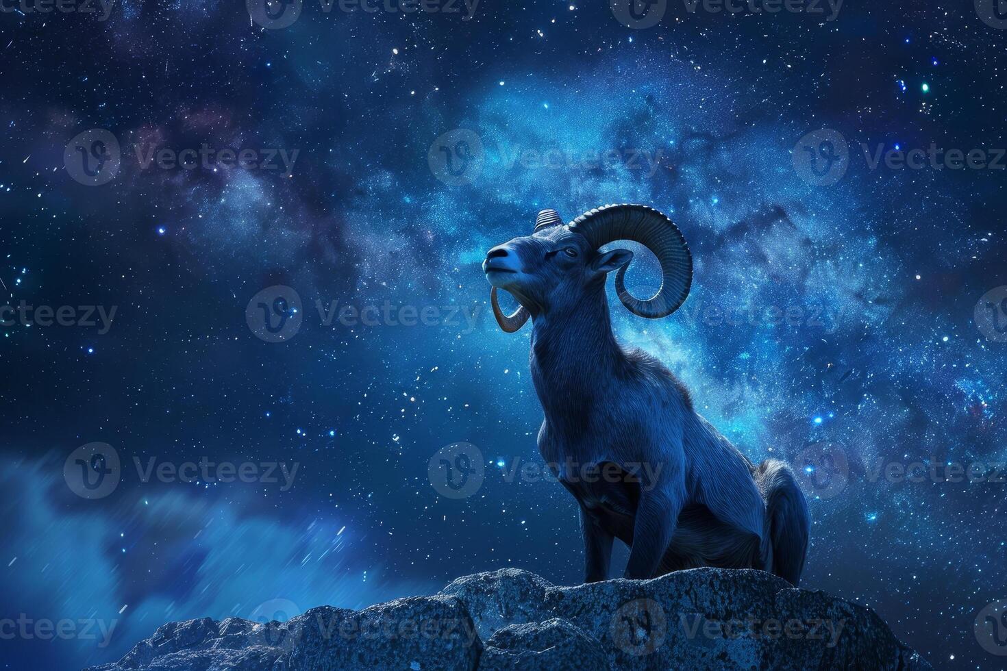 A ram stands proudly on a rocky ledge, illuminated by a stunning array of stars and cosmic colors, creating a breathtaking night landscape photo