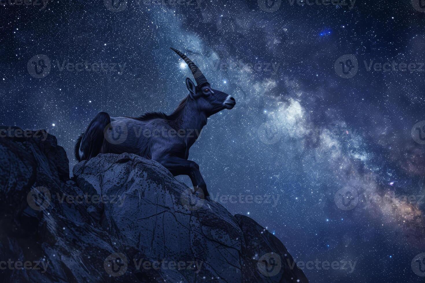 A mountain goat relaxes on a rocky ledge, gazing into a vast night sky. The backdrop features countless stars and a stunning display of the Milky Way, creating a serene atmosphere photo