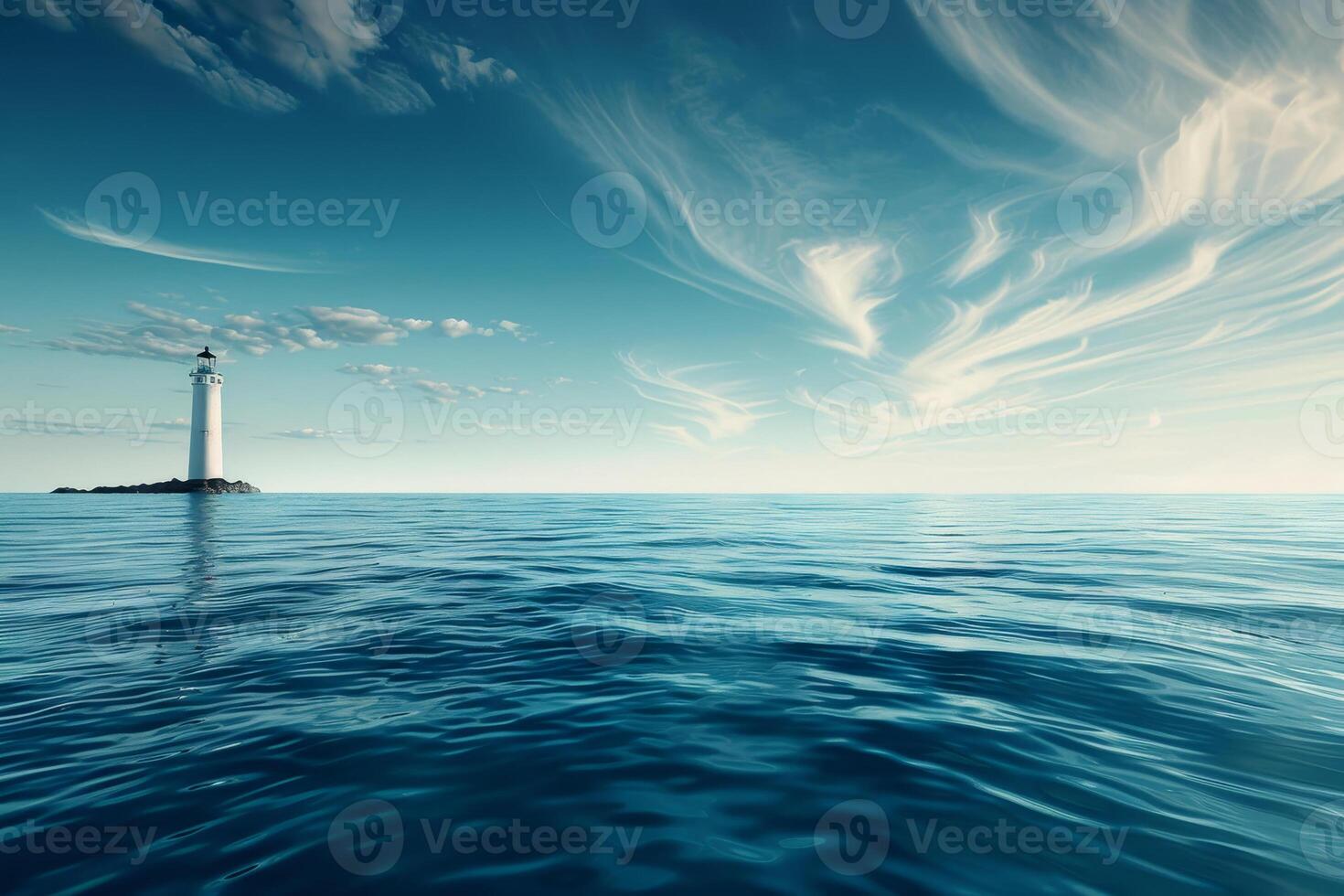 A lighthouse rises above the water on a small island, surrounded by tranquil waves and painted clouds as the sun sets, creating a peaceful coastal atmosphere photo