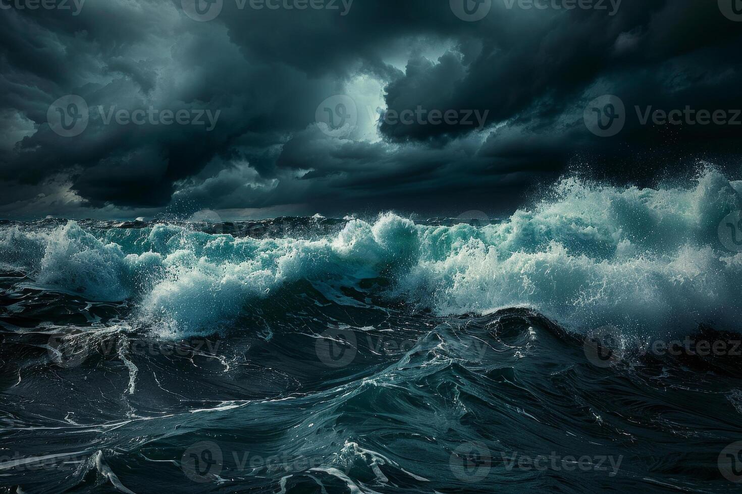 A stormy ocean with dark clouds and waves photo