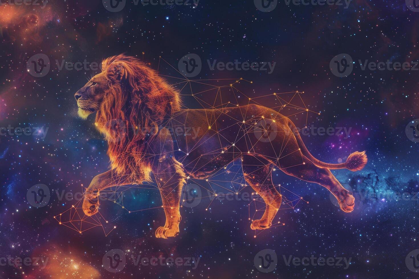 The lion strides confidently across a vibrant cosmic landscape filled with swirling colors and shining stars, surrounded by a constellation pattern that enhances its regal presence photo