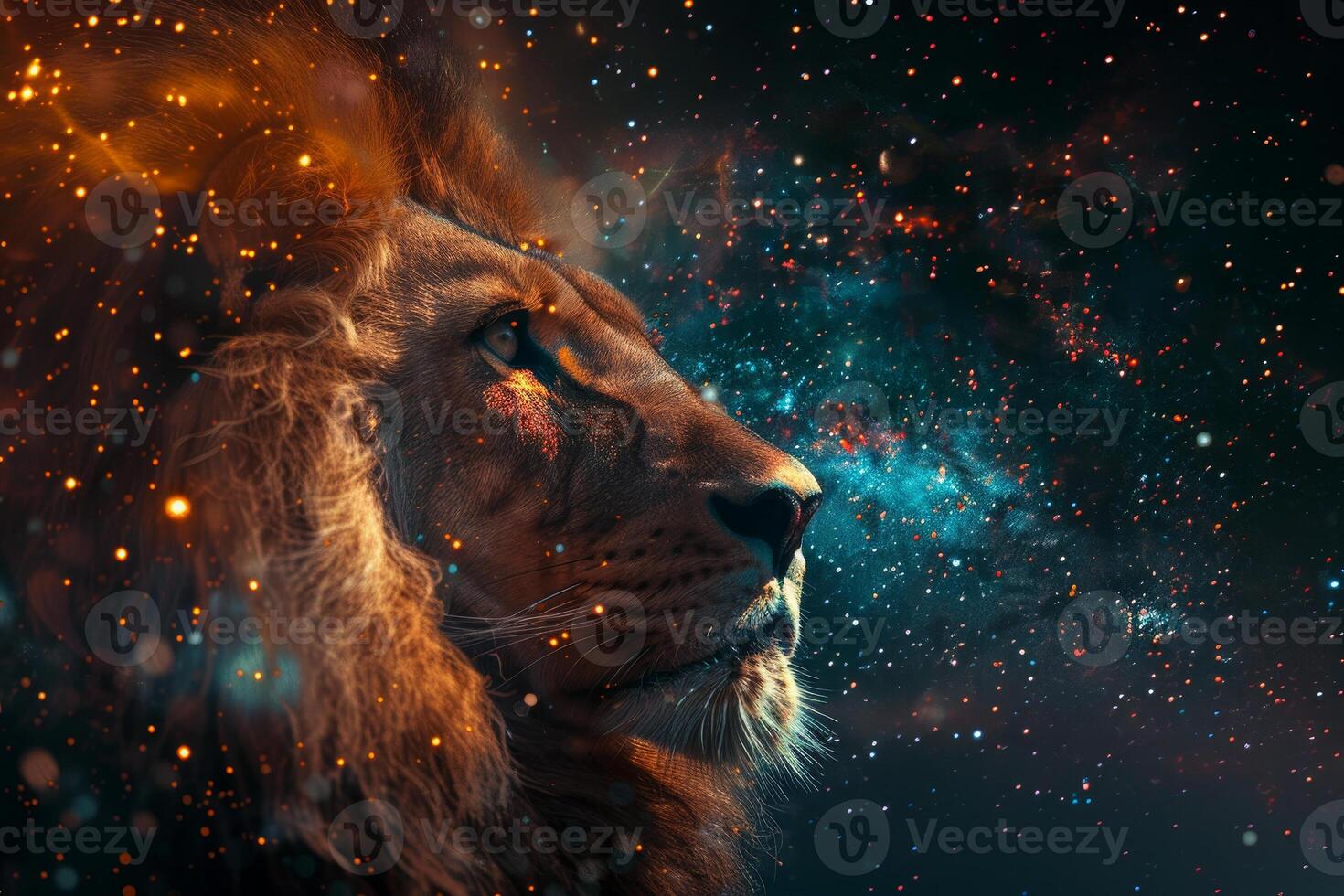 The powerful lion stares quietly into a swirling cosmos, surrounded by a blend of stars, colors, and light, depicting its royal nature in a celestial setting photo