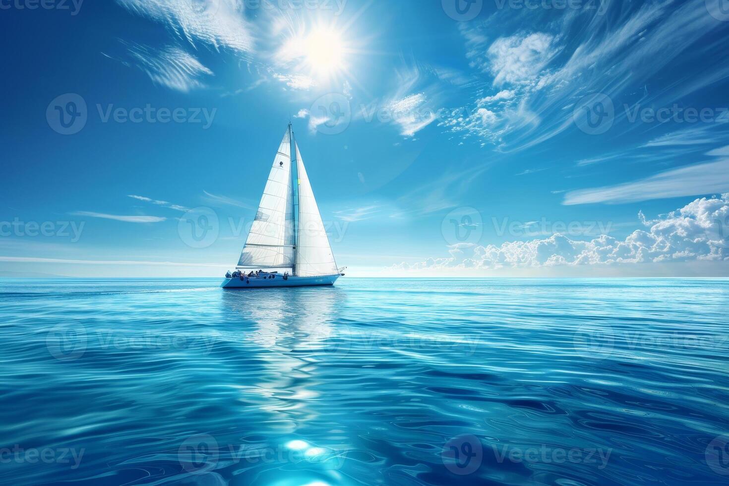 A sailboat smoothly navigates the tranquil, blue ocean, reflecting sunlight while scattered clouds float in the bright sky above, creating a picturesque moment photo