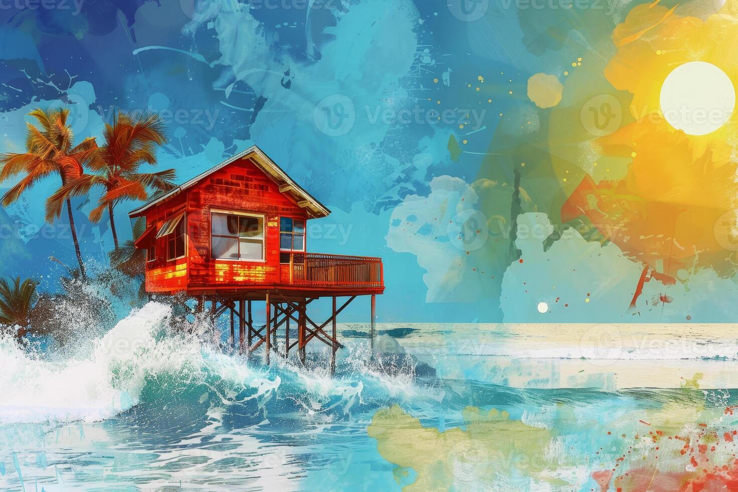 A small red house is on a pier in the ocean photo