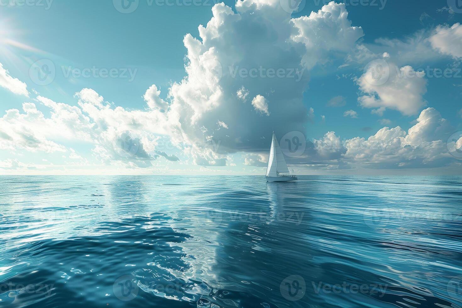 A serene scene captures a solitary sailboat gliding over calm ocean waters, reflecting the vibrant blue sky filled with soft, white clouds on a sunny afternoon photo