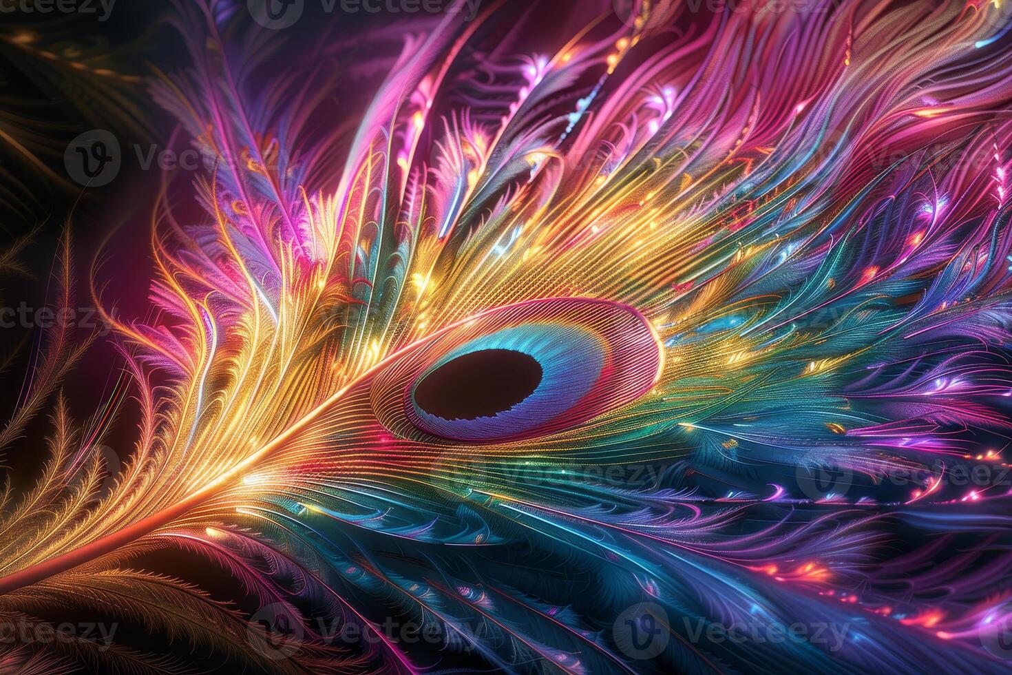 A stunning display of abstract art showcases peacock feathers bursting with vibrant colors and intricate designs, creating a mesmerizing visual experience photo
